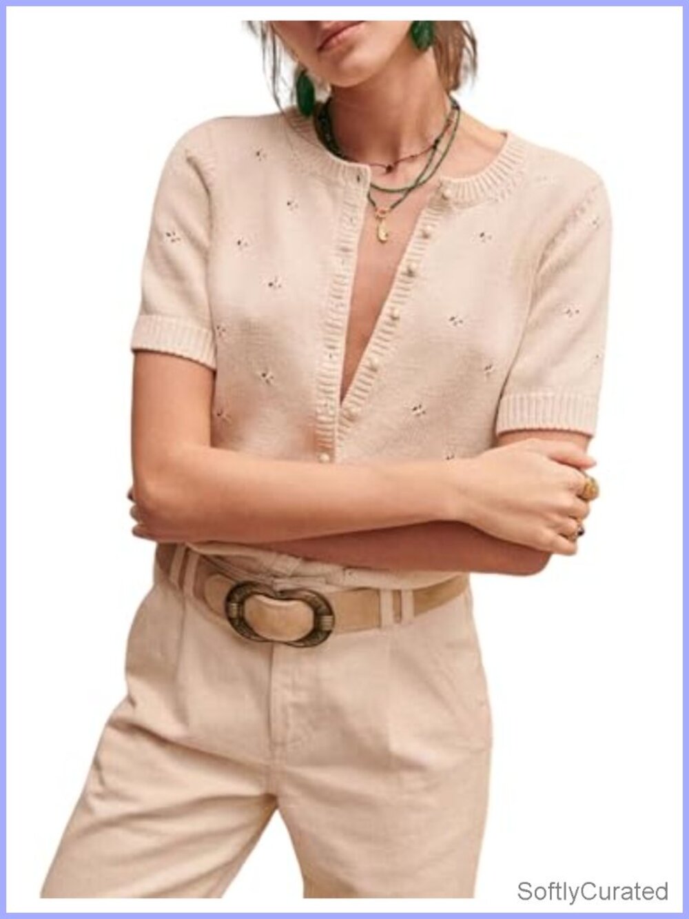 Short Sleeve Button Down Cardigan Crochet Knit Top Casual Summer